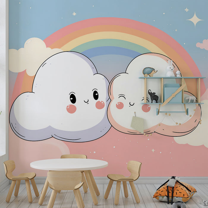 Papier peint chambre bébé | Nuages joyeux et arc-en-ciel pastel