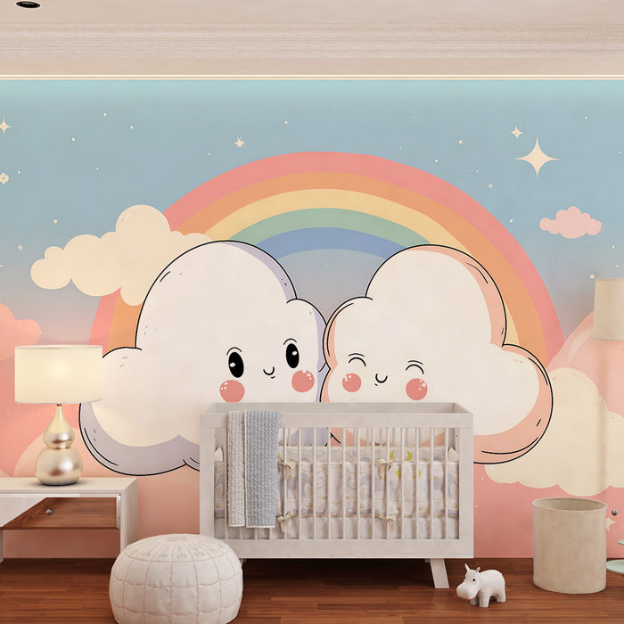 Papier peint chambre bébé | Nuages joyeux et arc-en-ciel pastel