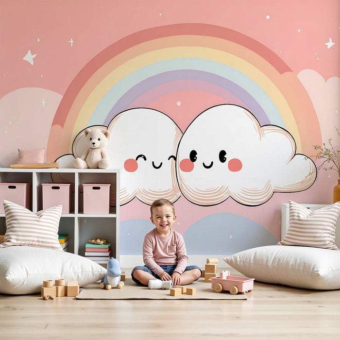 Papier peint chambre bébé | Nuages mignons et arc-en-ciel pastel