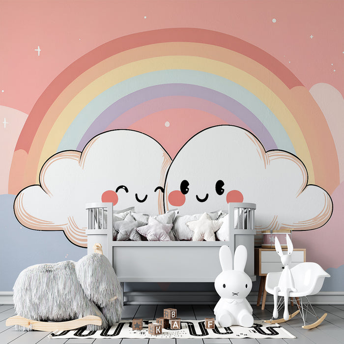 Papier peint chambre bébé | Nuages mignons et arc-en-ciel pastel