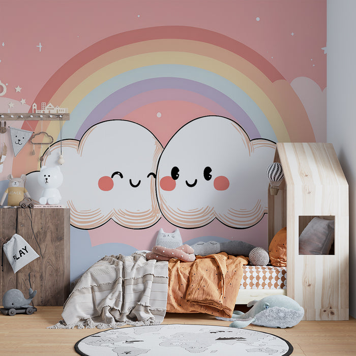 Papier peint chambre bébé | Nuages mignons et arc-en-ciel pastel