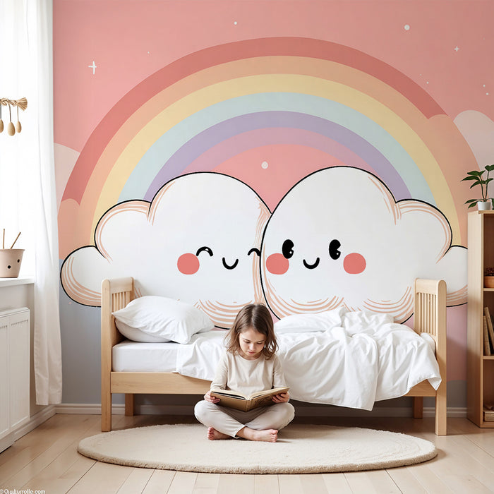 Papier peint chambre enfant | Nuages souriants et arc-en-ciel pastel rose