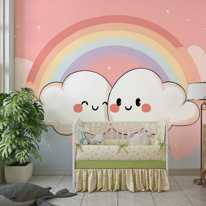 Papier peint chambre enfant | Nuages souriants et arc-en-ciel pastel rose
