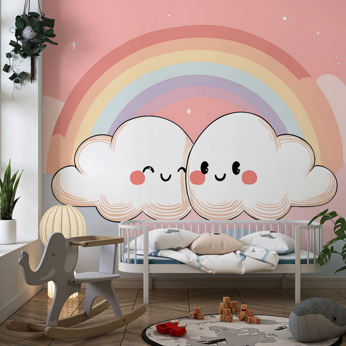 Papier peint chambre enfant | Nuages souriants et arc-en-ciel pastel rose