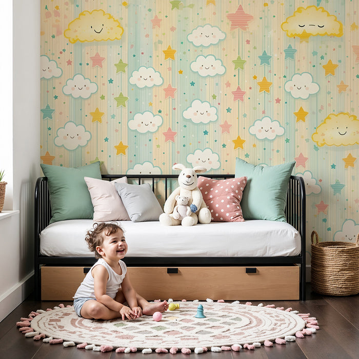 Papel de parede quarto bebê | Nuvens sorridentes e estrelas pastel