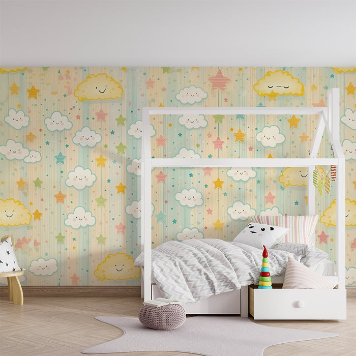 Papel de parede quarto bebê | Nuvens sorridentes e estrelas pastel
