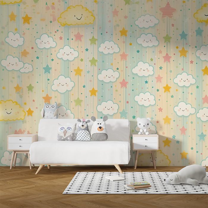 Papel de parede quarto bebê | Nuvens sorridentes e estrelas pastel