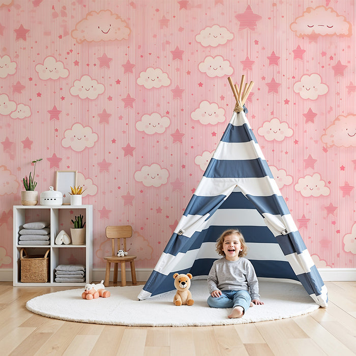 Papier peint chambre bébé | Nuages et étoiles roses