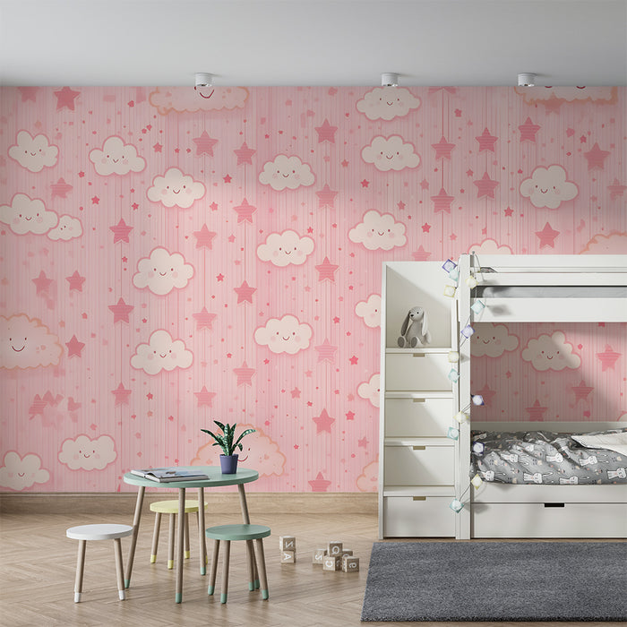 Papier peint chambre bébé | Nuages et étoiles roses