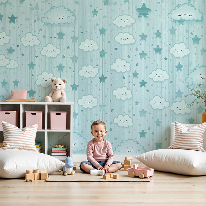 Papier peint chambre bébé | Nuages souriants et étoiles