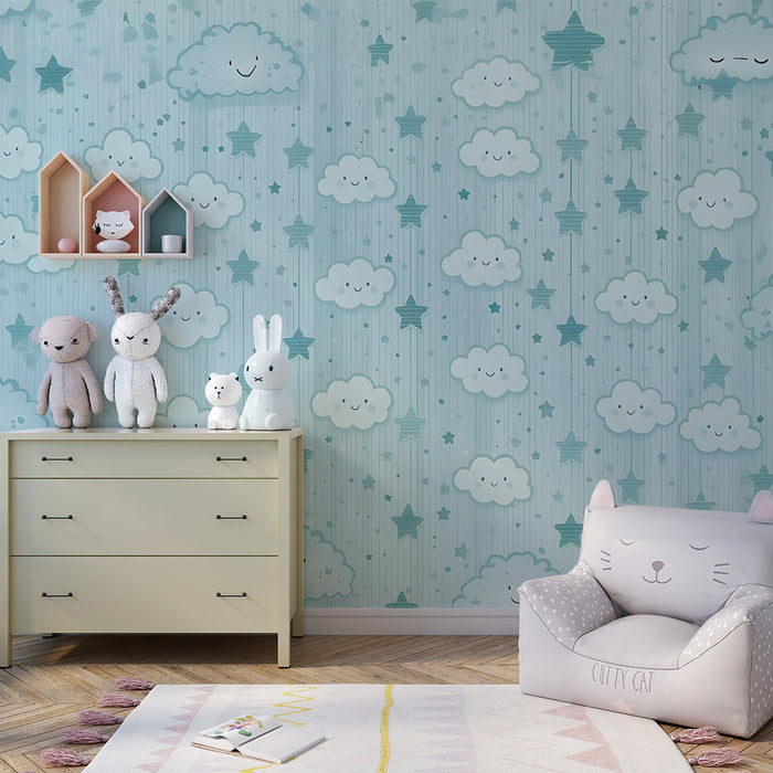 Papier peint chambre bébé | Nuages souriants et étoiles