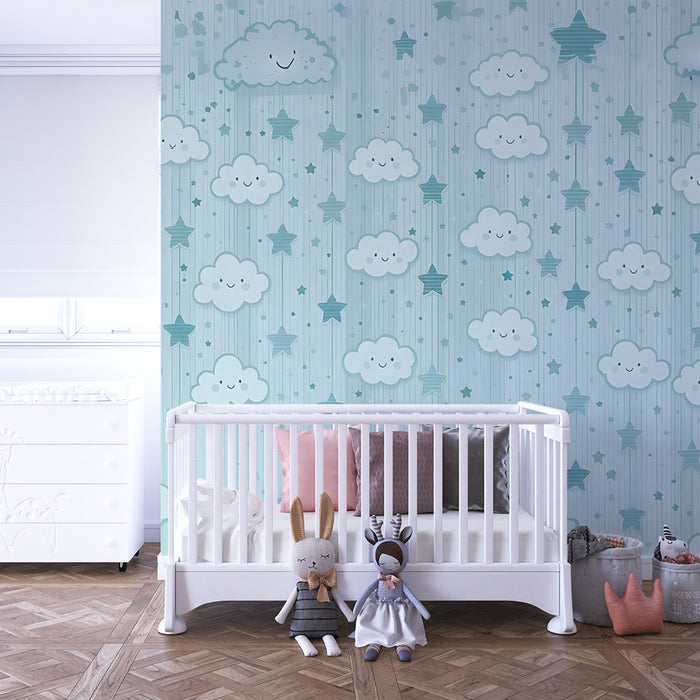 Papier peint chambre bébé | Nuages souriants et étoiles
