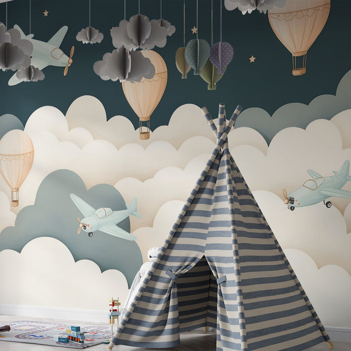 Børneværelse tapet | Drømmende luftballoner og fly
