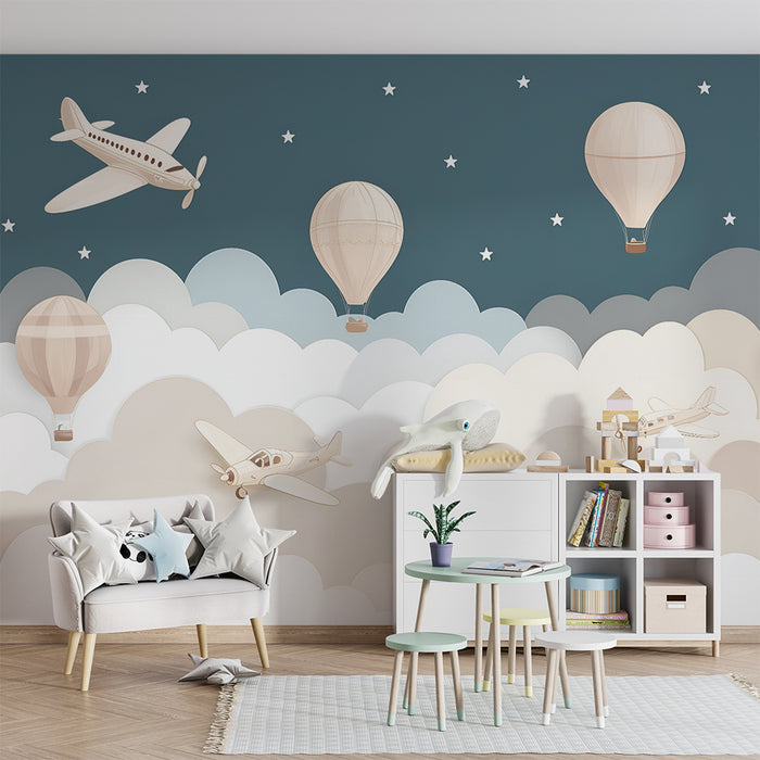 Tapet pentru camera de bebeluși | Balon cu aer cald și avioane în nori