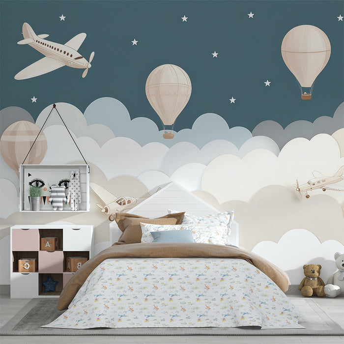 Tapet pentru camera de bebeluși | Balon cu aer cald și avioane în nori