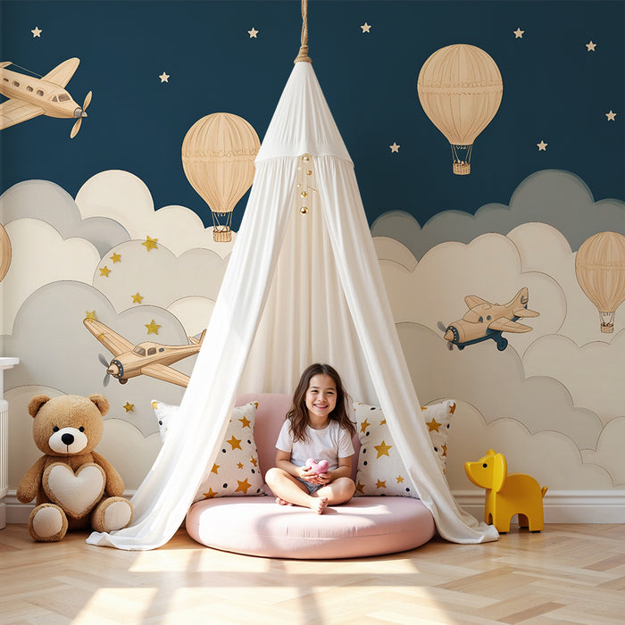 Tapet pentru camera copilului | Avioane și baloane cu aer cald creative
