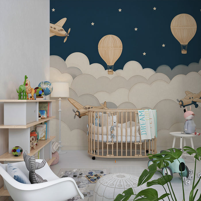 Tapet pentru camera copilului | Avioane și baloane cu aer cald creative
