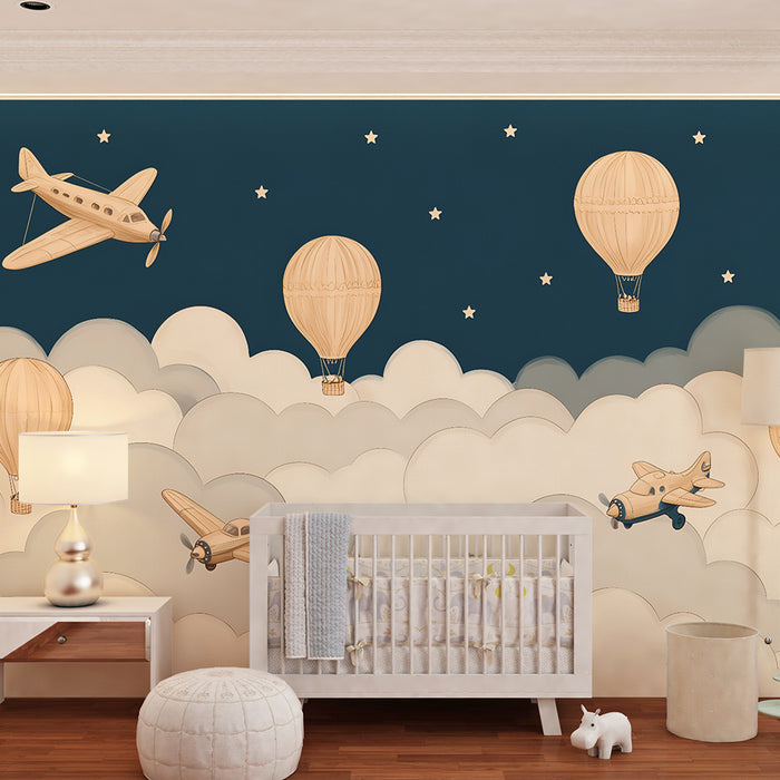 Tapet pentru camera copilului | Avioane și baloane cu aer cald creative