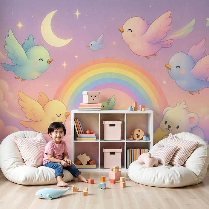 Papier peint ciel enchanteur | Nuages pastel et oiseaux féeriques