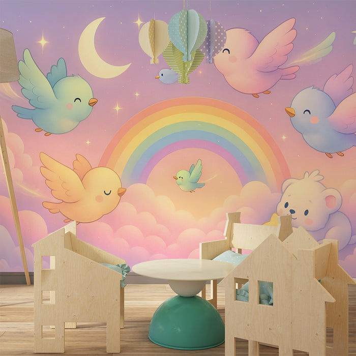 Papier peint ciel enchanteur | Nuages pastel et oiseaux féeriques