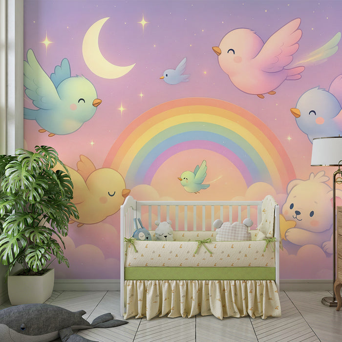 Papier peint ciel enchanteur | Nuages pastel et oiseaux féeriques