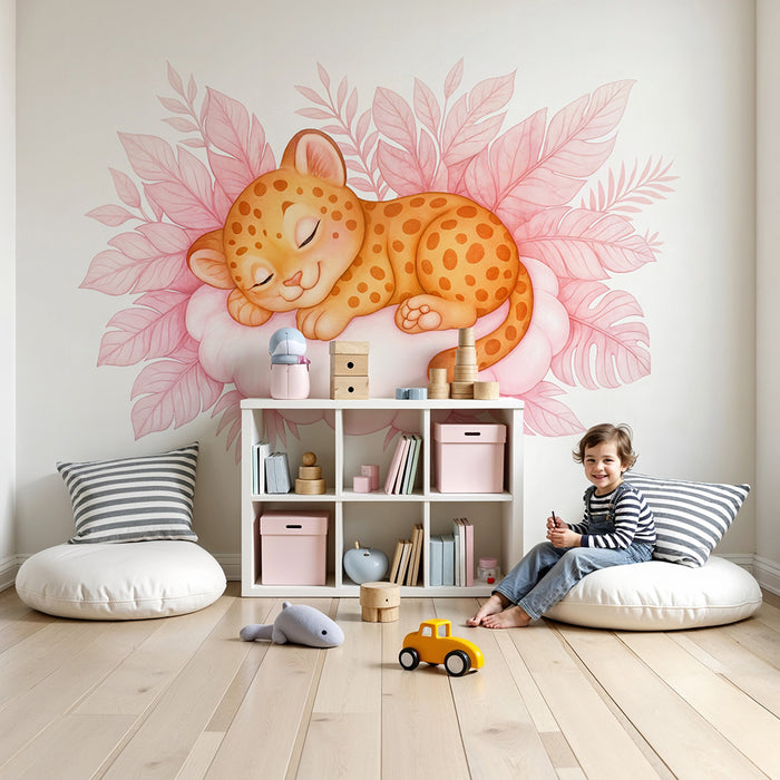 Lastenhuoneen tapetti leopardi | Söpö kuvitus vaaleanpunaisella pilvellä