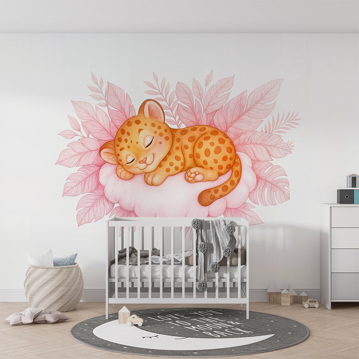 Lastenhuoneen tapetti leopardi | Söpö kuvitus vaaleanpunaisella pilvellä
