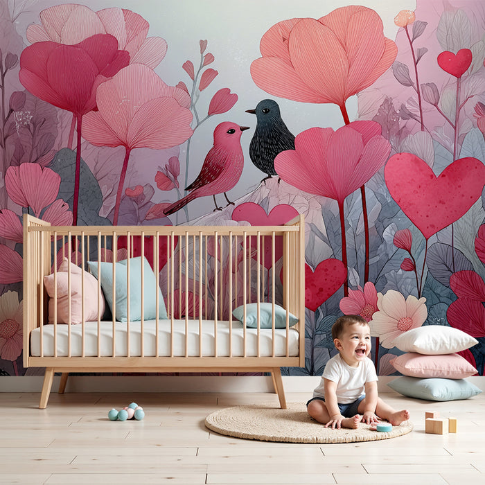 Babykamer behang | Verliefde vogels en pastelbloemen