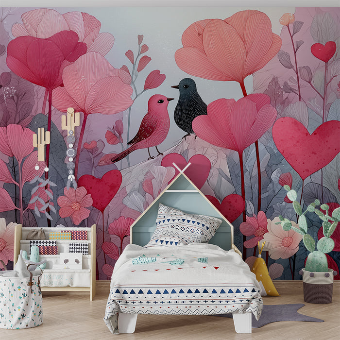 Babykamer behang | Verliefde vogels en pastelbloemen