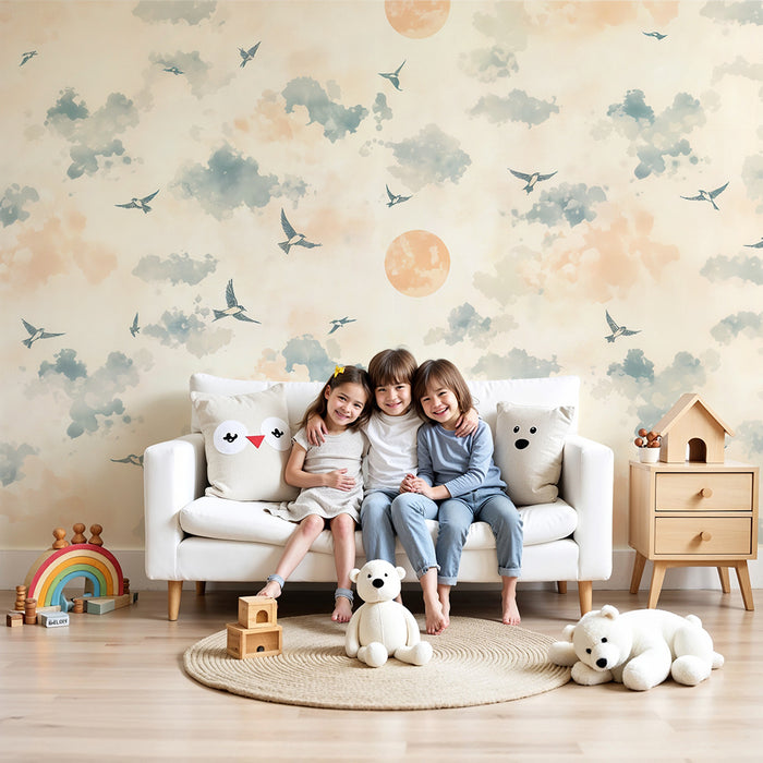 Babykamer behang | Pastel vogels en wolken