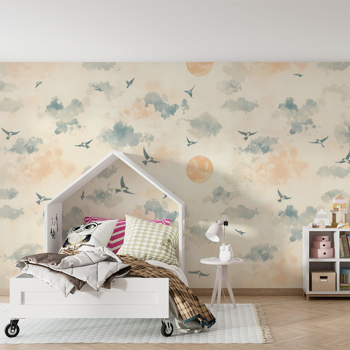 Babykamer behang | Pastel vogels en wolken
