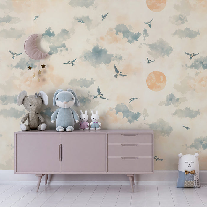Babykamer behang | Pastel vogels en wolken