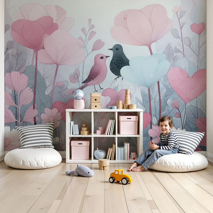 Papier peint chambre bébé | Oiseaux amoureux et fleurs pastel