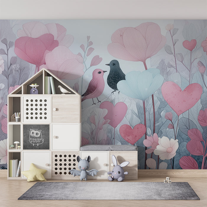 Papier peint chambre bébé | Oiseaux amoureux et fleurs pastel