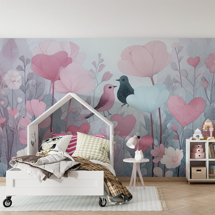 Papier peint chambre bébé | Oiseaux amoureux et fleurs pastel