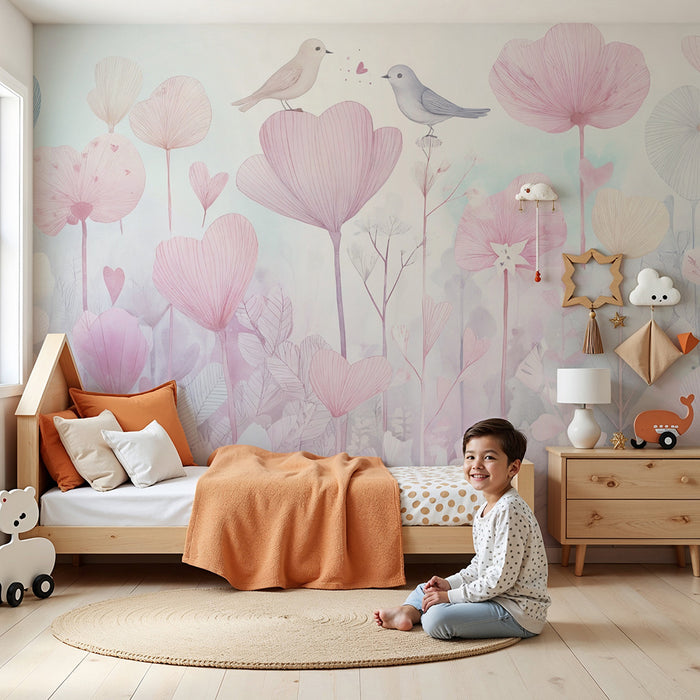 Papier peint chambre bébé | Oiseaux amoureux et fleurs pastel rose