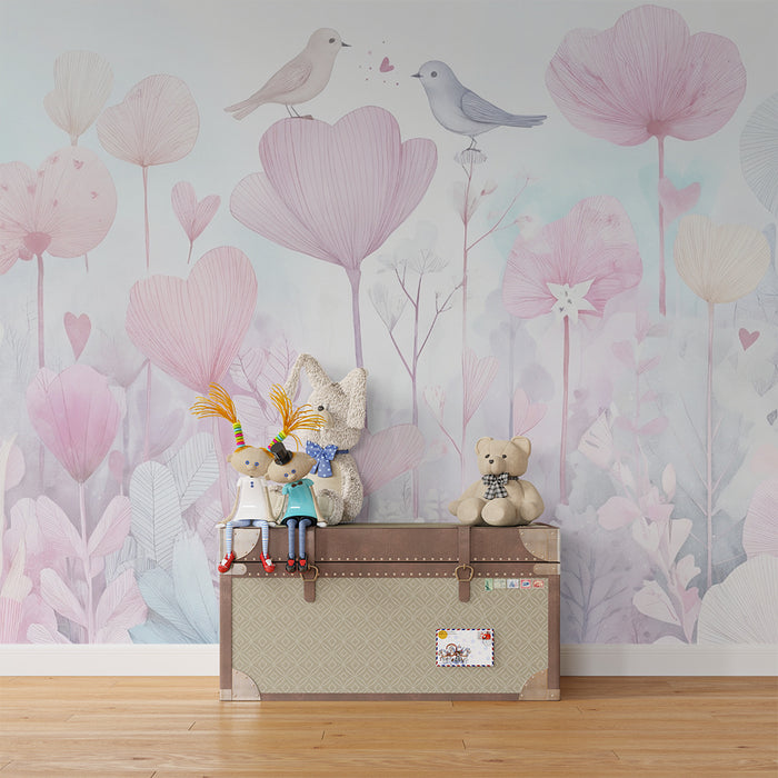 Papier peint chambre bébé | Oiseaux amoureux et fleurs pastel rose