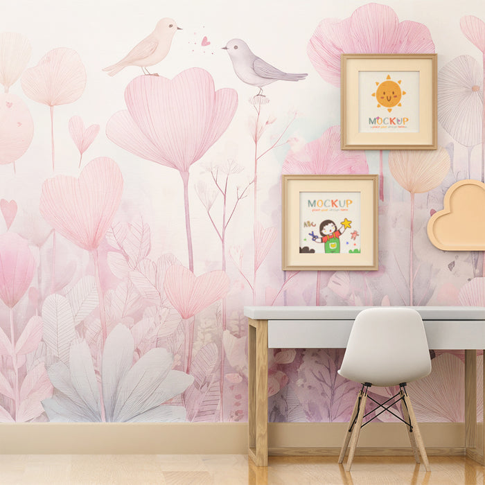 Papier peint chambre bébé | Oiseaux amoureux et fleurs pastel rose