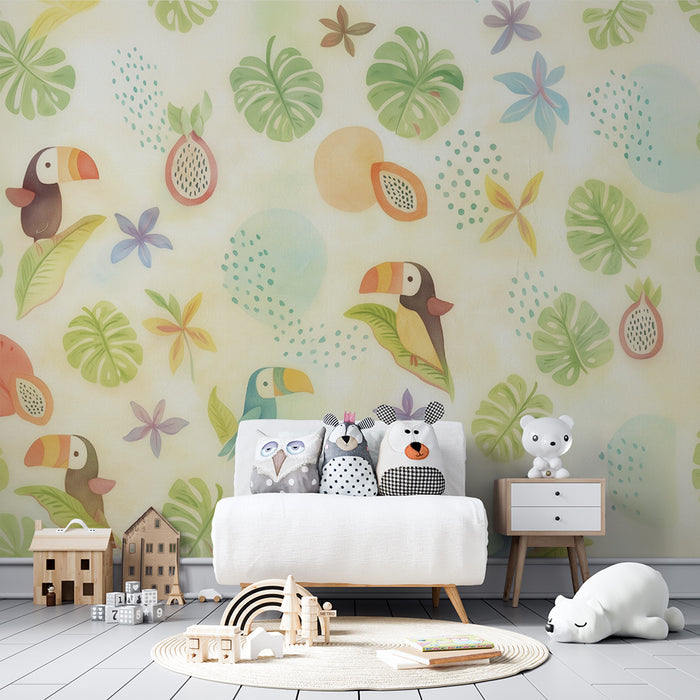Barntapet | Tukan tropiskt och pastell lövverk