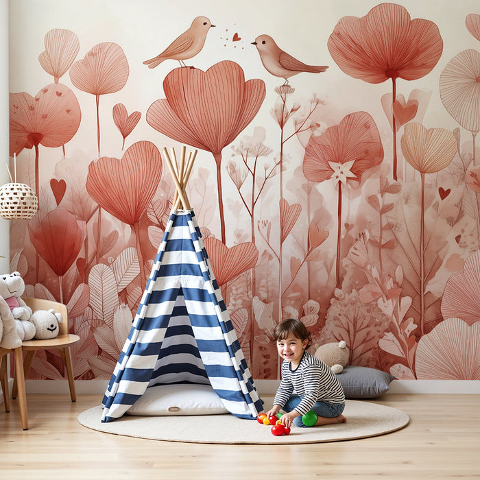Papel de parede quarto bebê | Ρομαντική ατμόσφαιρα με πουλιά και καρδιές λουλούδια