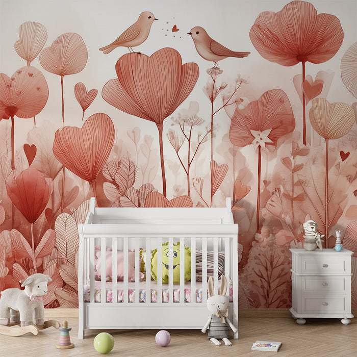 Papel de parede quarto bebê | Ρομαντική ατμόσφαιρα με πουλιά και καρδιές λουλούδια