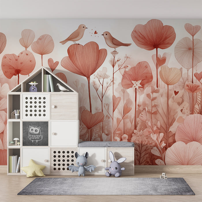Papel de parede quarto bebê | Ρομαντική ατμόσφαιρα με πουλιά και καρδιές λουλούδια