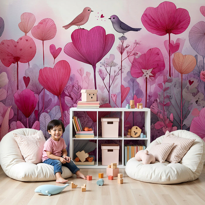 Lastenhuoneen tapetti | Romanttiset kukat ja runolliset linnut