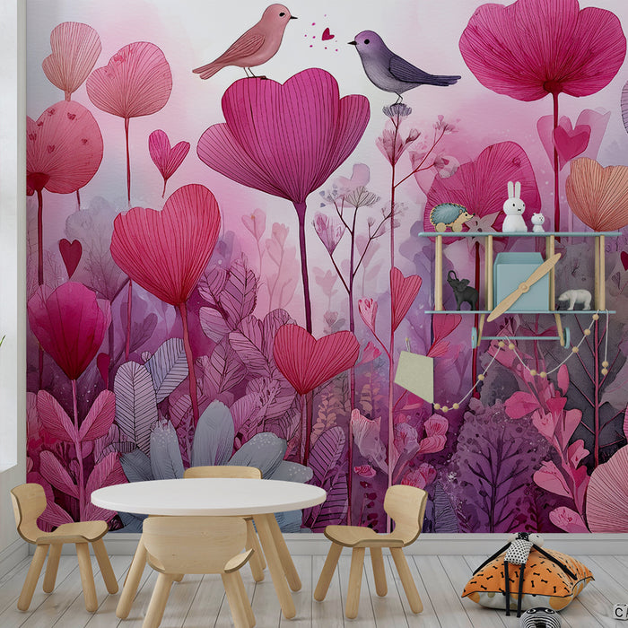 Lastenhuoneen tapetti | Romanttiset kukat ja runolliset linnut