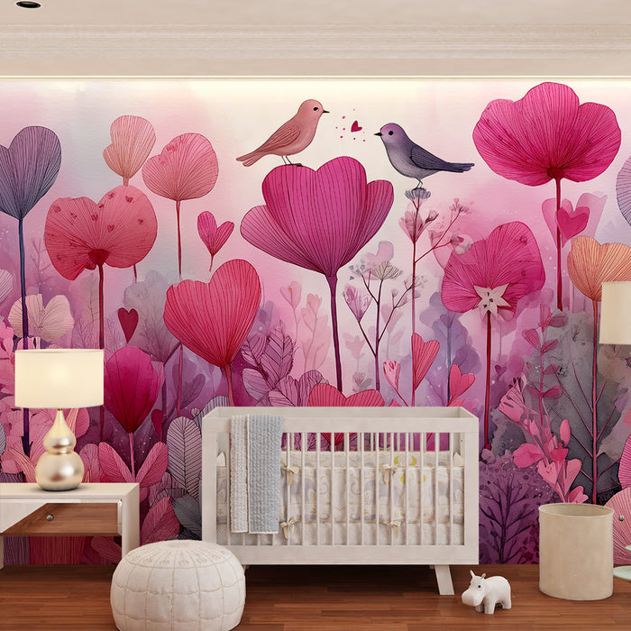 Lastenhuoneen tapetti | Romanttiset kukat ja runolliset linnut