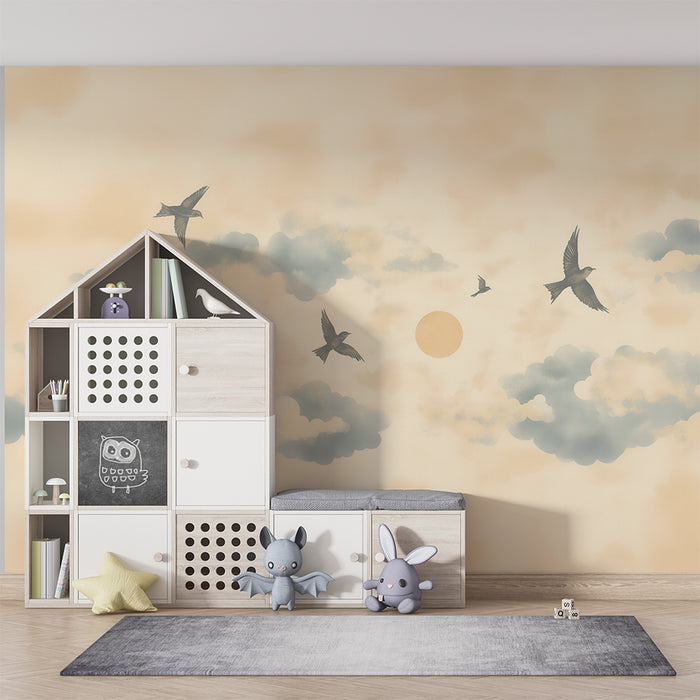 Lastenhuoneen tapetti | Linnut ja pehmeät pilvet