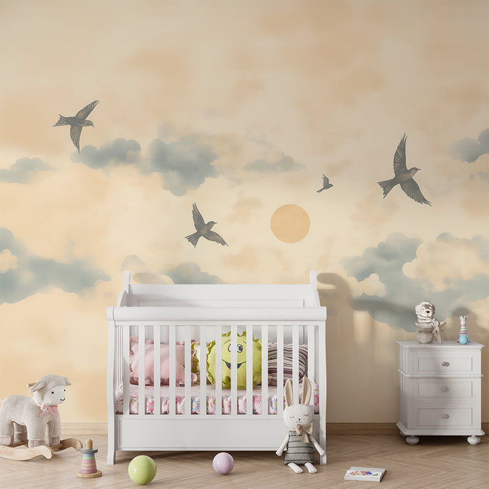 Lastenhuoneen tapetti | Linnut ja pehmeät pilvet