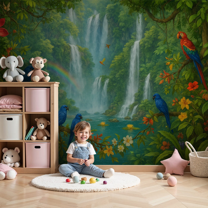 Papel pintado infantil | Paraíso tropical con pájaros y cascadas