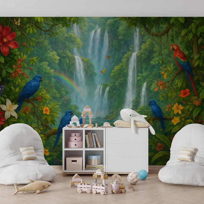 Papel pintado infantil | Paraíso tropical con pájaros y cascadas