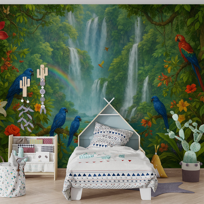 Papel pintado infantil | Paraíso tropical con pájaros y cascadas